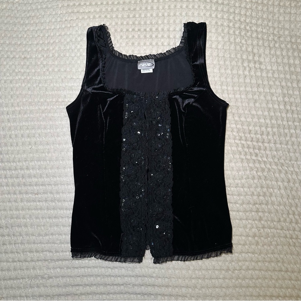 SOLD 90s Goth Rave Velvet Sequin Hook Eye Corset Lace Short Sleeve Corset Top